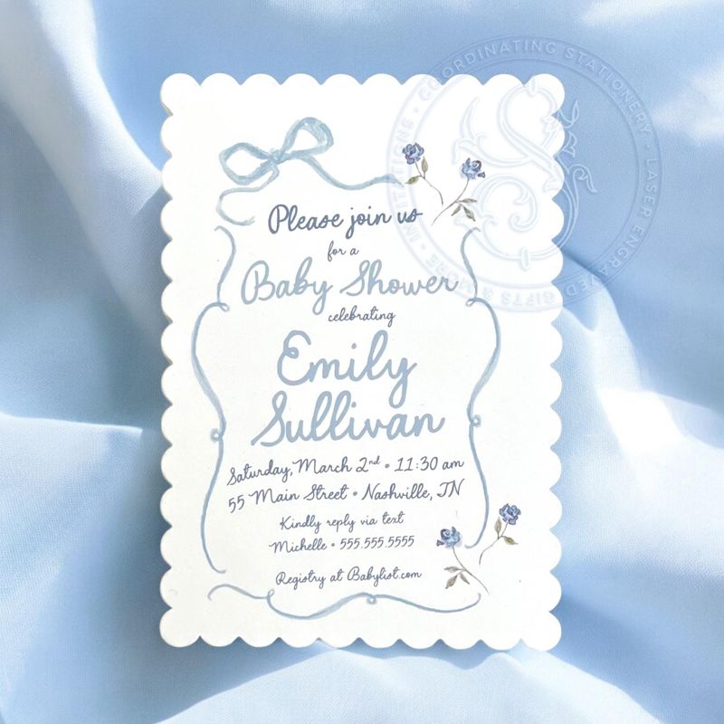 Hand Drawn Boy Baby Shower Invitations Scallop Edge - Blue Bow Baby Boy Sprinkle - Baby Sip and See - Coquette Bow Printed (10 printed invitations | Plain White Envelopes)