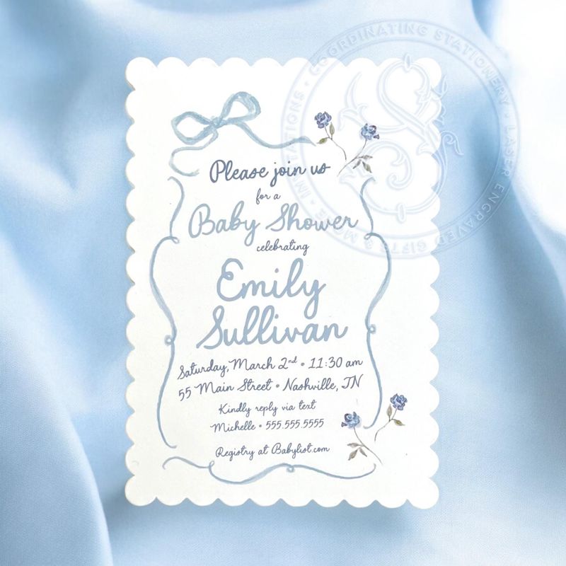 Hand Drawn Boy Baby Shower Invitations Scallop Edge - Blue Bow Baby Boy Sprinkle - Baby Sip and See - Coquette Bow Printed (10 printed invitations | Plain White Envelopes)