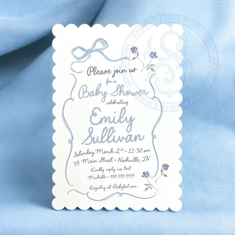 Hand Drawn Boy Baby Shower Invitations Scallop Edge - Blue Bow Baby Boy Sprinkle - Baby Sip and See - Coquette Bow Printed (10 printed invitations | Plain White Envelopes)