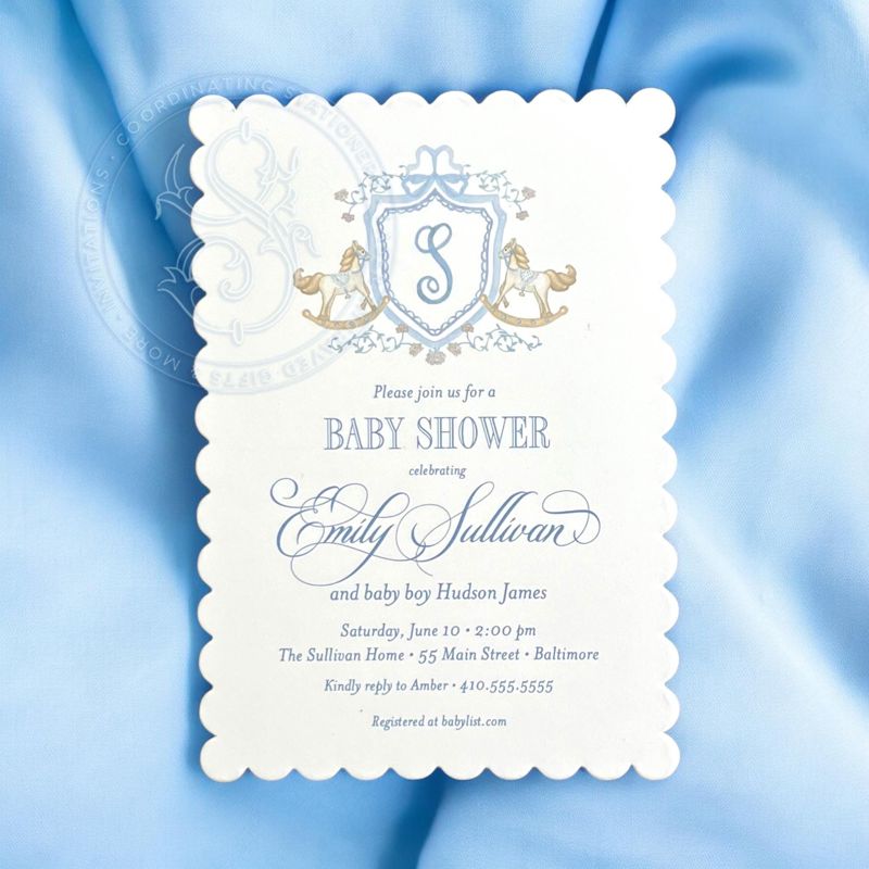 Rocking Horse Classic Baby Boy Shower Invitation Monogram Crest Boy Baby Sprinkle Traditional Preppy Scallop Edge Sip and See Printed (10 printed invitations, Plain White Envelopes)
