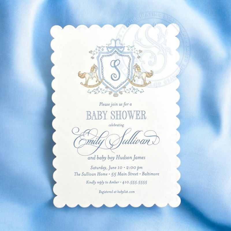 Rocking Horse Classic Baby Boy Shower Invitation Monogram Crest Boy Baby Sprinkle Traditional Preppy Scallop Edge Sip and See Printed (10 printed invitations, Plain White Envelopes)