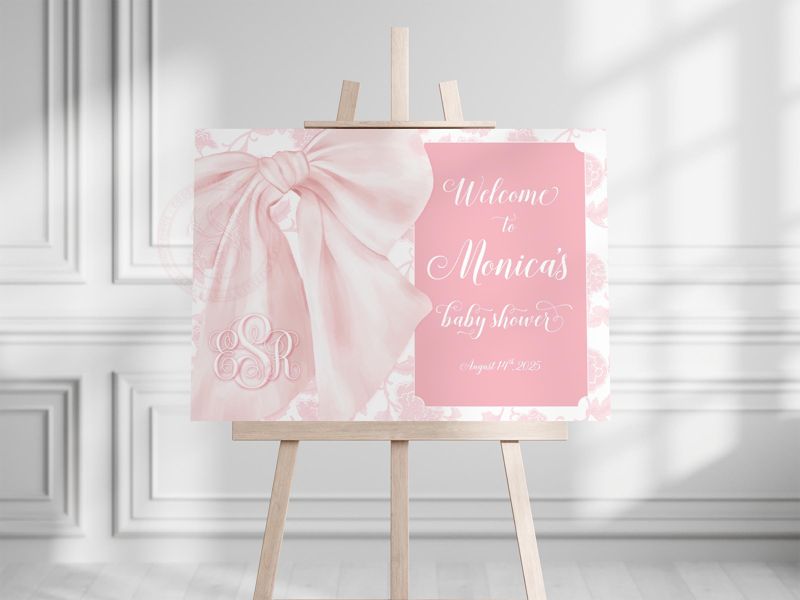 Pink Chinoiserie Toile Baby Shower Welcome Sign - Preppy Southern Heirloom Bow - Monogram Pink Bow - Girl Baby Shower