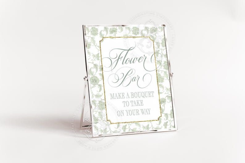 Flower Bar Sign for Sage Green Toile Chinoiserie Bridal Shower Printable 8x10
