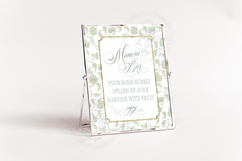 Mimosa Bar Sign for Sage Green Toile Chinoiserie Bridal Shower Printable 8x10