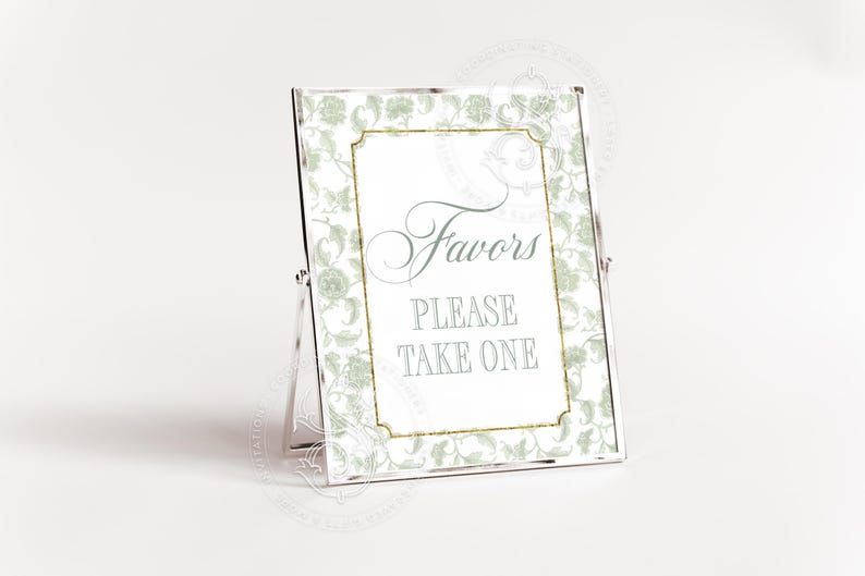 Favors Sign for Sage Green Toile Chinoiserie Bridal Shower Printable 8x10