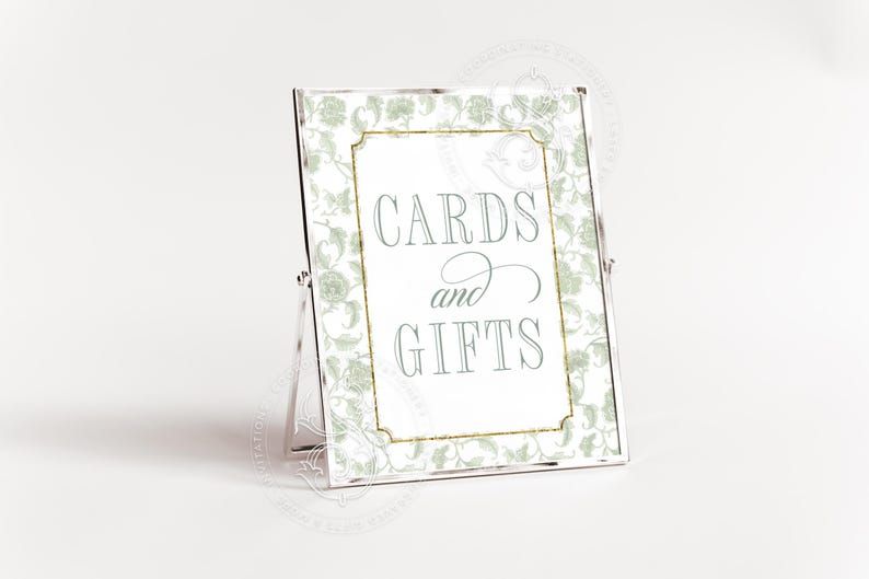 Cards and Gifts Sign for Sage Green Toile Chinoiserie Bridal Shower Printable 8x10