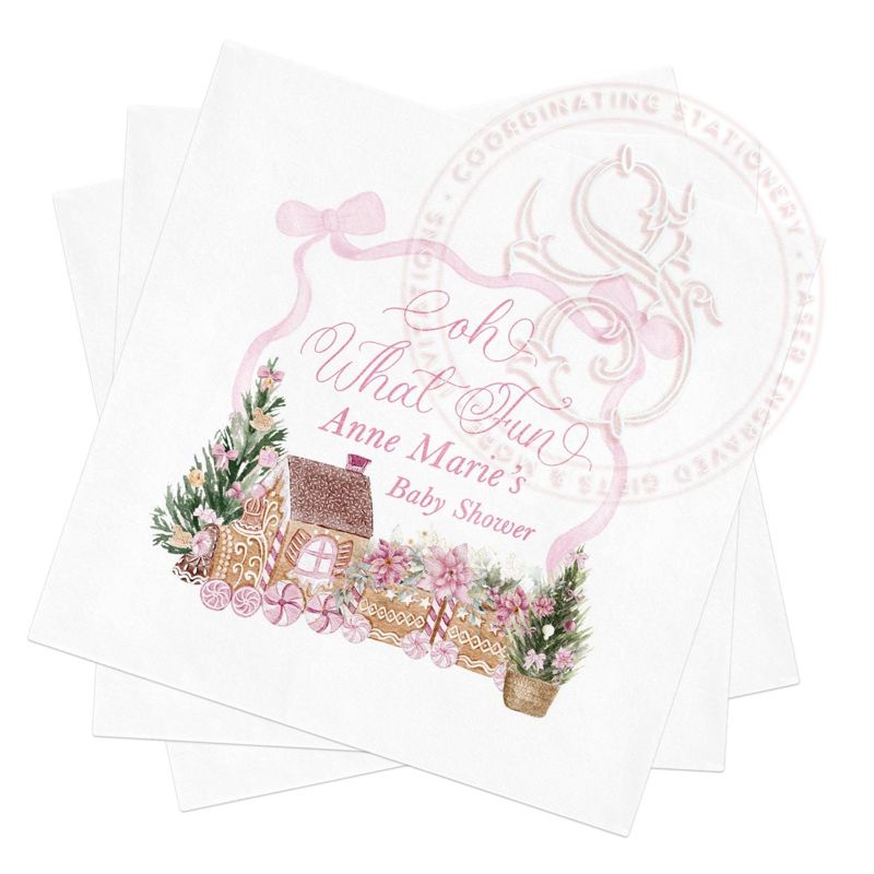 Pink Christmas Baby Shower Cocktail Napkins - Personalized Paper Napkins - Baby shower Napkins - Holiday Party Custom Cocktail Napkins (100 Napkins (minimum order) | Cocktail - 4.75 inch square)