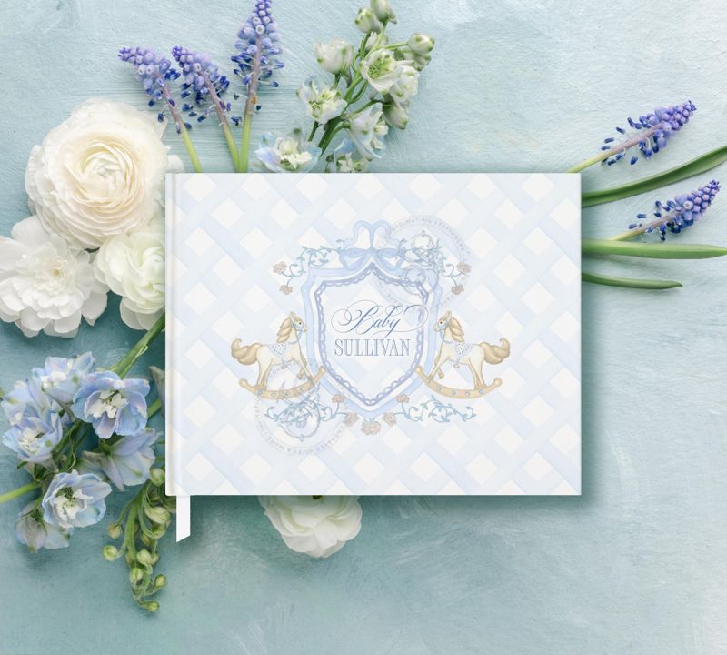 Boy Baby Shower Guest Book with Classic Rocking horse Crest - Pastel Blue Gingham Book - Baby Boy Sprinkle