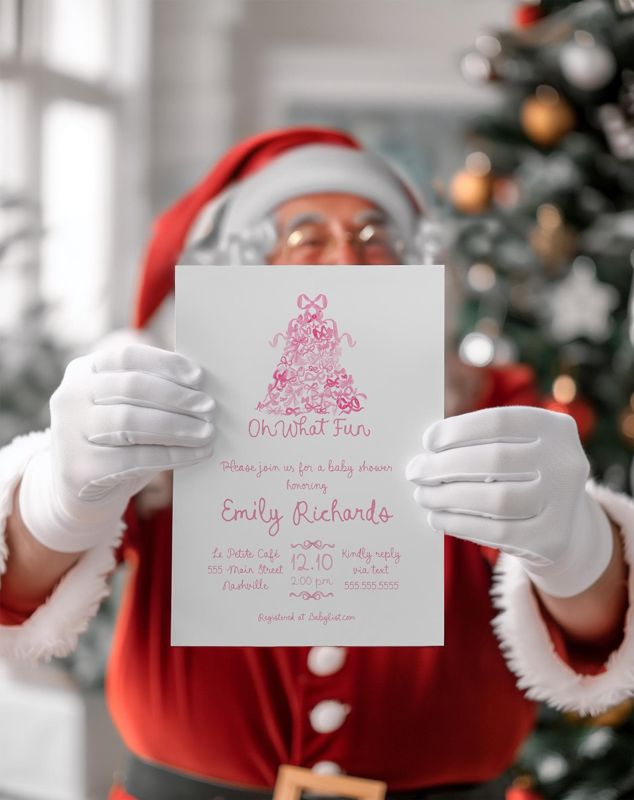 Pink Christmas Baby Girl Shower Invitations Hand Drawn - Winter Baby Sprinkle - Pink Bow Party - Sip and See - Printed (10 printed invitations, Plain White Envelopes)