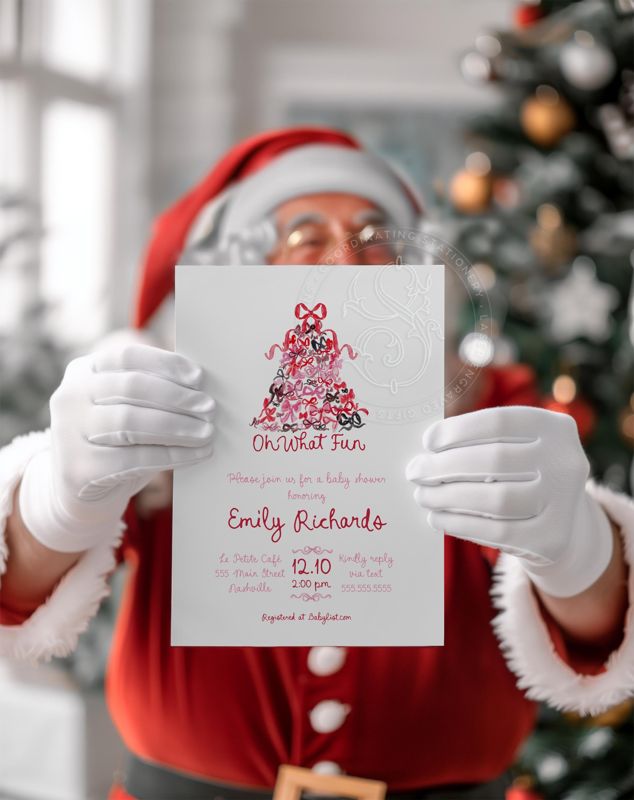 Pink Christmas Baby Shower Invitations Hand Drawn - Winter Baby Sprinkle - Pink Bow Party - Gender Neutral Sip and See - Printed (10 printed invitations, Plain White Envelopes)