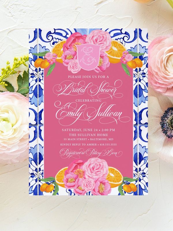 CItrus Bridal Shower Invitation - Blue Tile Invitations - Bridal Luncheon - Bridal Tea - Bridesmaids Brunch - Brunch with Bride - Luncheon (10 printed invitations, Plain White Envelopes)