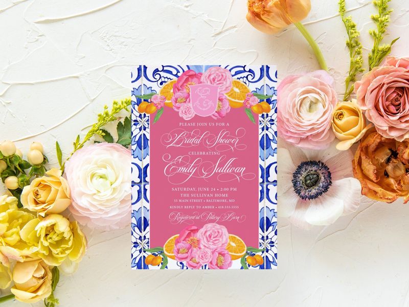 CItrus Bridal Shower Invitation - Blue Tile Invitations - Bridal Luncheon - Bridal Tea - Bridesmaids Brunch - Brunch with Bride - Luncheon (10 printed invitations, Plain White Envelopes)