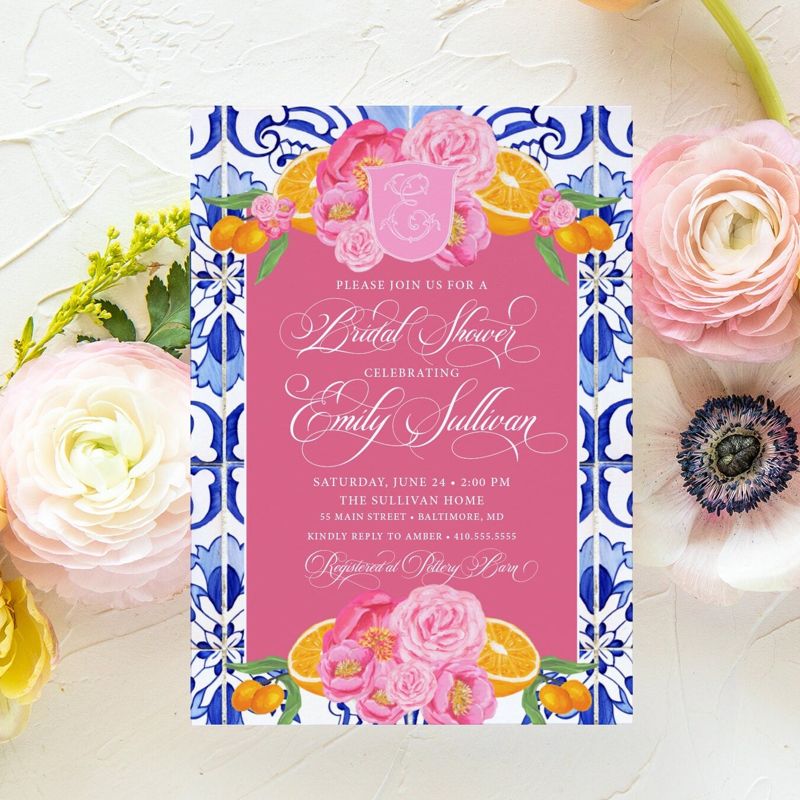CItrus Bridal Shower Invitation - Blue Tile Invitations - Bridal Luncheon - Bridal Tea - Bridesmaids Brunch - Brunch with Bride - Luncheon (10 printed invitations, Plain White Envelopes)