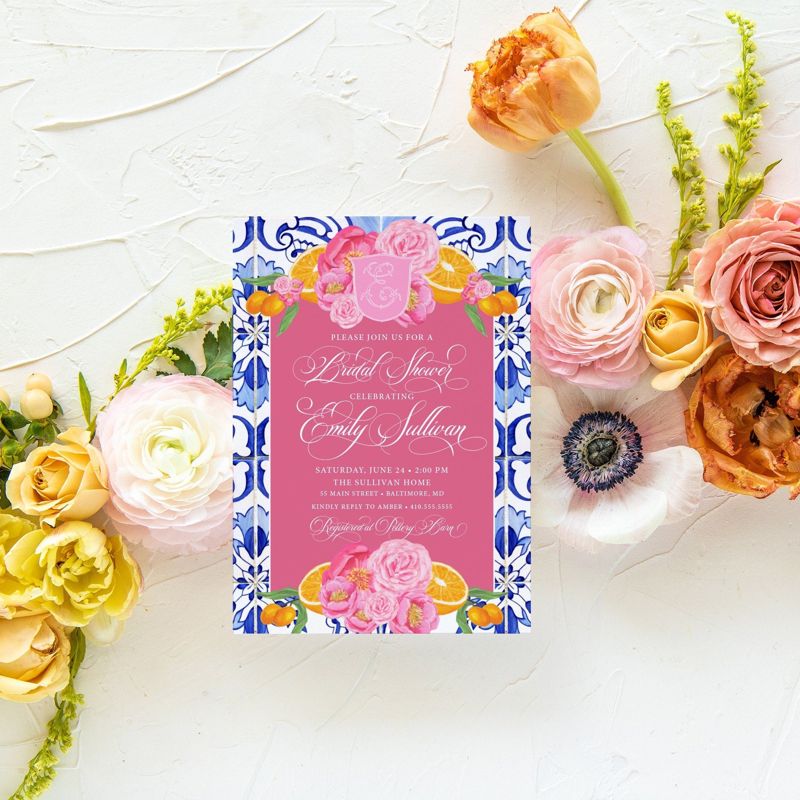 CItrus Bridal Shower Invitation - Blue Tile Invitations - Bridal Luncheon - Bridal Tea - Bridesmaids Brunch - Brunch with Bride - Luncheon (10 printed invitations, Plain White Envelopes)