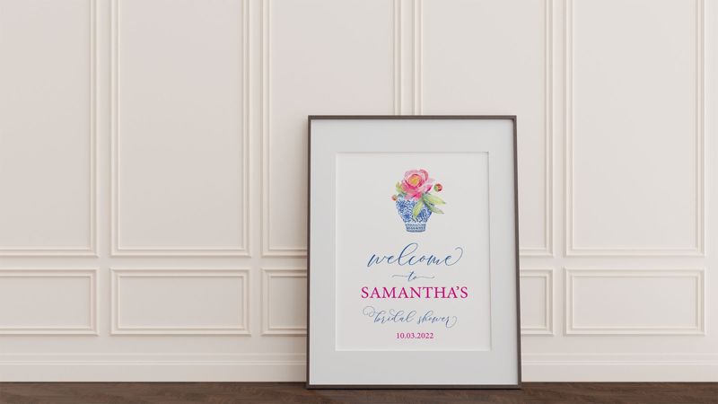 Blue and White Chinoiserie Ginger Jar Sign - Pink Hydrangrea Baby Shower Welcome Sign - Bridal Shower Sign- Bridesmaids Luncheon- PRINTABLE