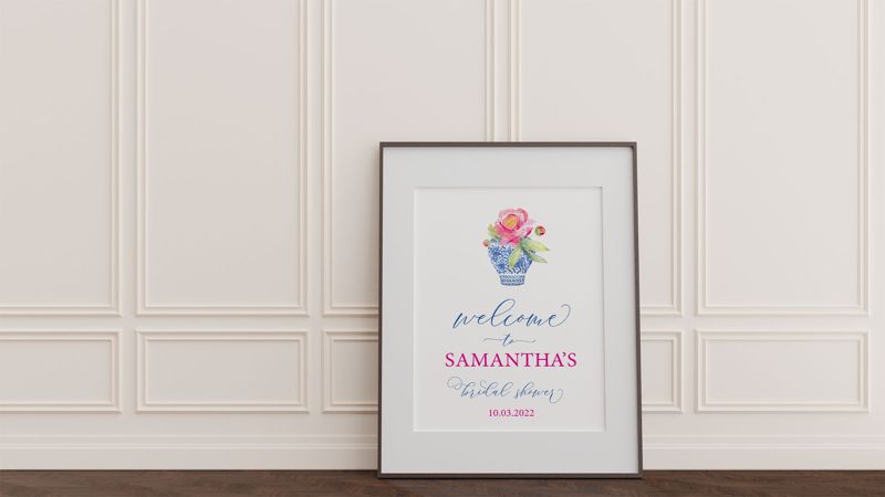 Blue and White Chinoiserie Ginger Jar Sign - Pink Hydrangrea Baby Shower Welcome Sign - Bridal Shower Sign- Bridesmaids Luncheon- PRINTABLE