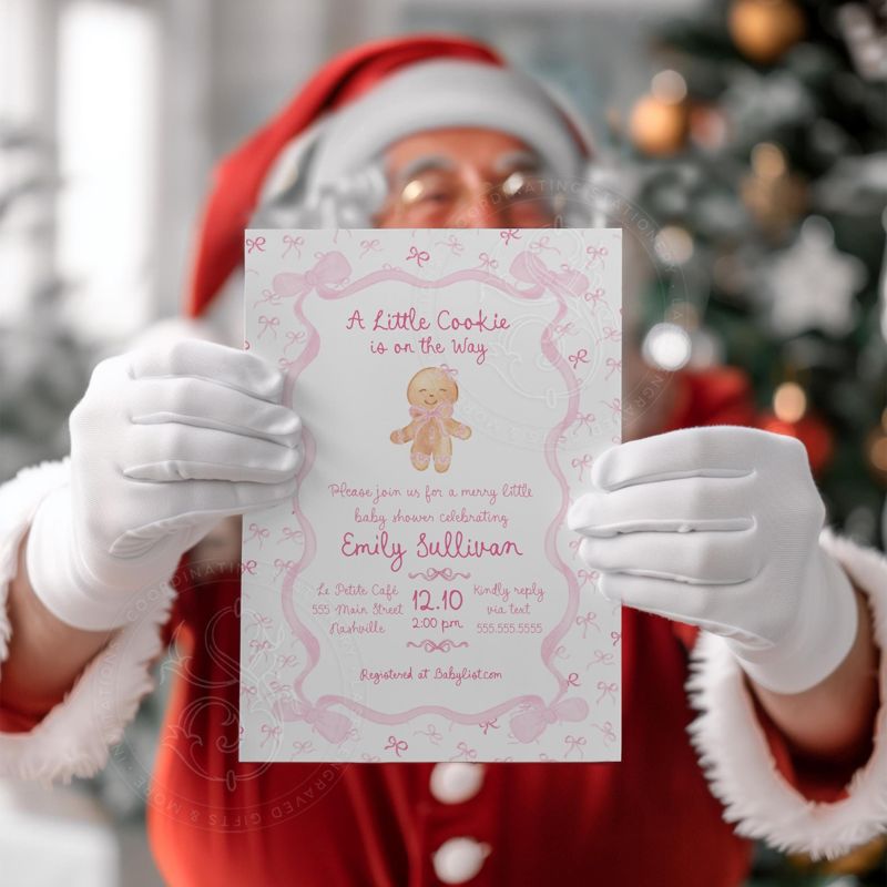 Pink Christmas Baby Girl Shower Invitations - Winter Baby Sprinkle Gingerbread Invitation Sip and See Baby Merry Little Baby Shower Printed (10 printed invitations | Plain White Envelopes)