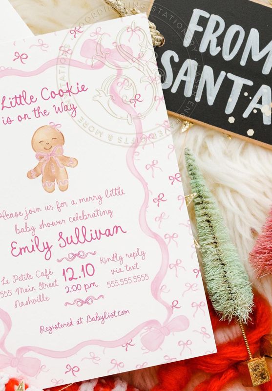 Pink Christmas Baby Girl Shower Invitations - Winter Baby Sprinkle Gingerbread Invitation Sip and See Baby Merry Little Baby Shower Printed (10 printed invitations | Plain White Envelopes)