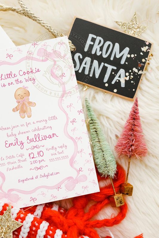 Pink Christmas Baby Girl Shower Invitations - Winter Baby Sprinkle Gingerbread Invitation Sip and See Baby Merry Little Baby Shower Printed (10 printed invitations | Plain White Envelopes)
