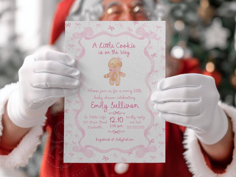 Pink Christmas Baby Girl Shower Invitations - Winter Baby Sprinkle Gingerbread Invitation Sip and See Baby Merry Little Baby Shower Printed (10 printed invitations | Plain White Envelopes)