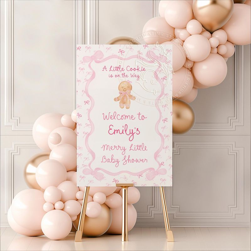 Pink Christmas Baby Girl Shower Welcome Sign Printed - Merry Little Baby Shower Signage Welcome Poster Gingerbread Little Cookie on the Way (18x24 inches | Poster)