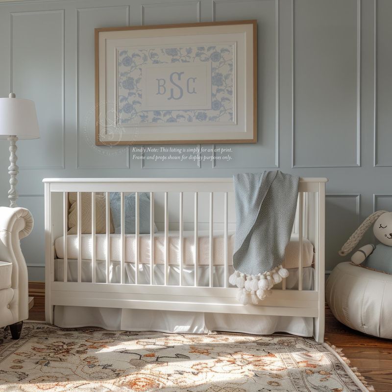 Blue Toile Wall Art for Nursery - Printed Monogram Boy Room Decor - Baby Girl Nursery - Grandmillenial Art Print Blue Fishtail Monogram (5x7 inches | Portrait)