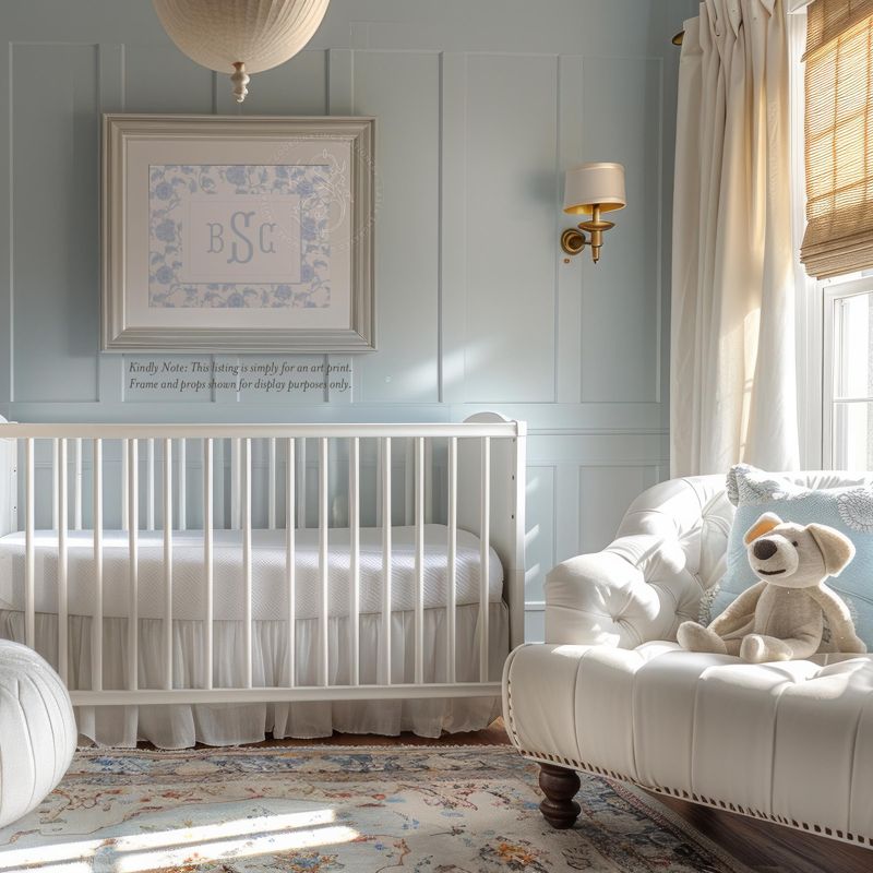 Blue Toile Wall Art for Nursery - Printed Monogram Boy Room Decor - Baby Girl Nursery - Grandmillenial Art Print Blue Fishtail Monogram (5x7 inches | Portrait)