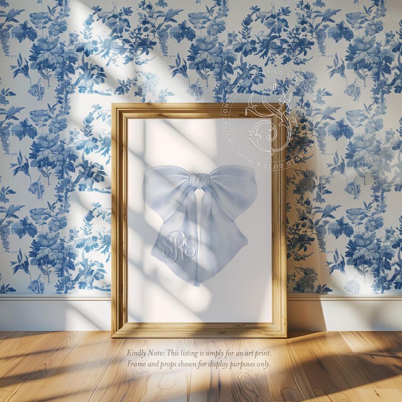 Bow Wall Art for Girl Nursery - Printed Fancy Blue Bow Monogram - college dorm Room Decor - Monogram wall art bow (5x7 inches | Portrait)
