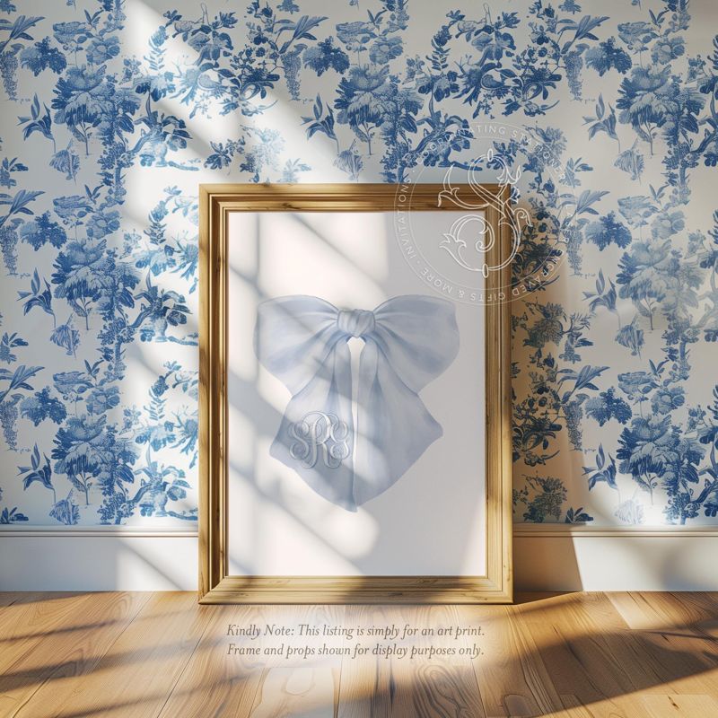 Bow Wall Art for Girl Nursery - Printed Fancy Blue Bow Monogram - college dorm Room Decor - Monogram wall art bow (5x7 inches | Portrait)