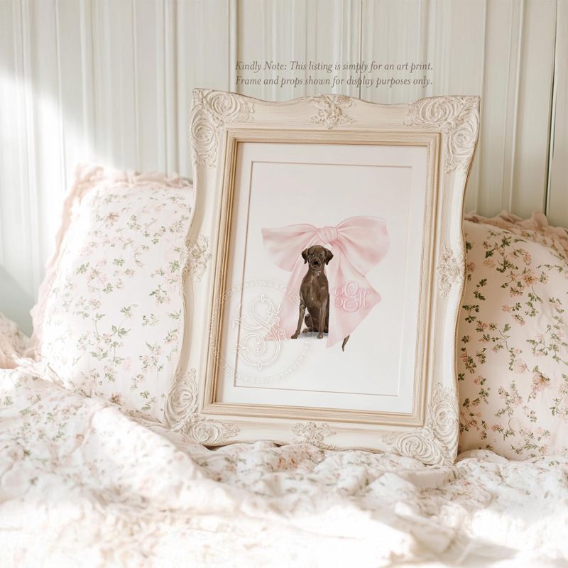 Labrador art, Chocolate Labrador Puppy Wall Art, Nursery Monogram Crest, Lab wall Art, Custom Girl nursery wall art, Pink Bow Monogram crest (5x7 inches | Landscape)