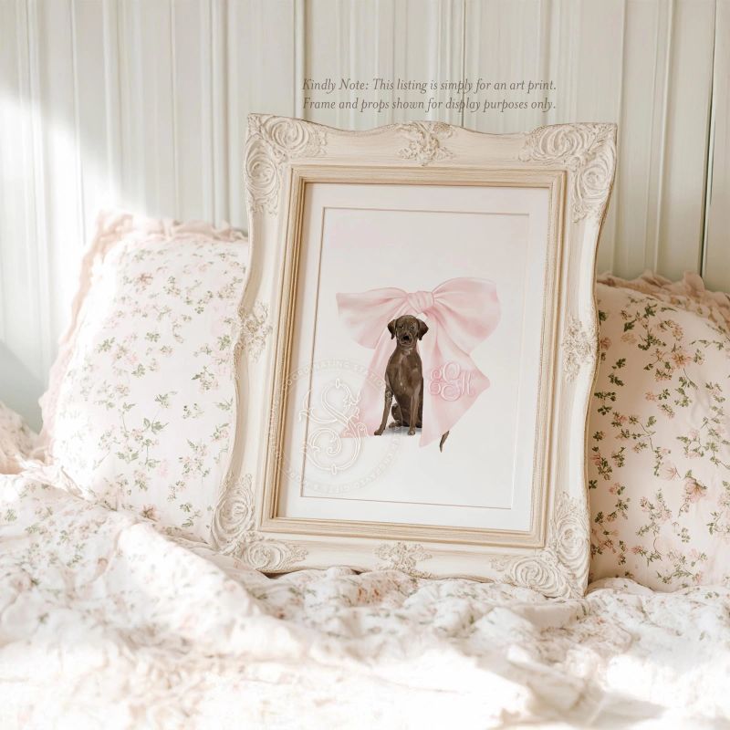 Labrador art, Chocolate Labrador Puppy Wall Art, Nursery Monogram Crest, Lab wall Art, Custom Girl nursery wall art, Pink Bow Monogram crest (5x7 inches | Landscape)
