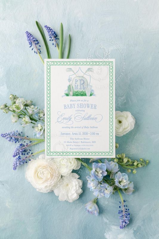 Classic Golf Baby Boy Shower Invitation Monogram Crest Boy Baby Sprinkle Traditional Sip and See (10 printed invitations | Plain White Envelopes)