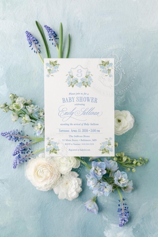 Baby Boy Shower Invitations Blue Hydrangea Sprinkle for Baby Boy, Hydrangea Monogram Crest Grandmillenial (10 printed invitations, Plain White Envelopes)