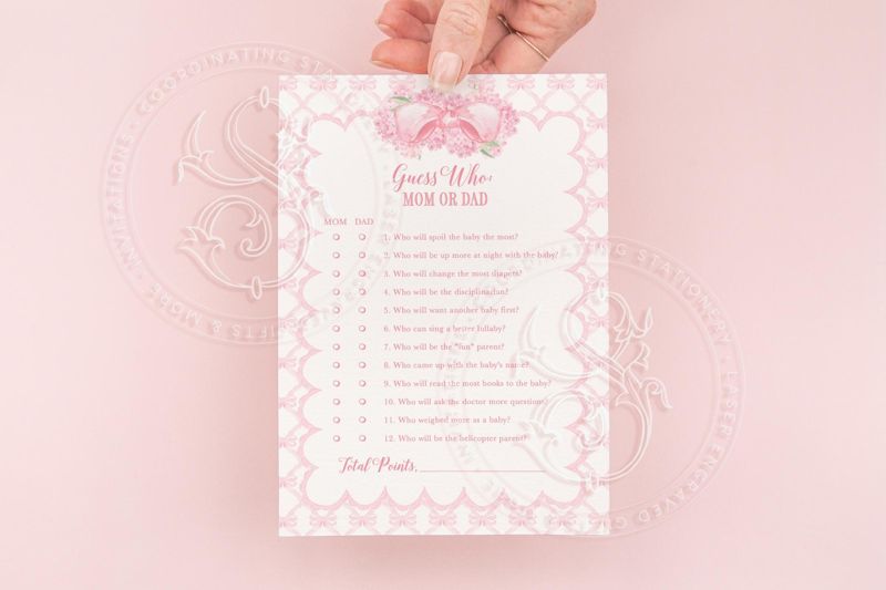 Grandmillenial Guess Who Mom or Dad Baby Shower Game with Pink Hydrangeas Dainty Flowers Whimsical Fancy - Girl Baby Shower