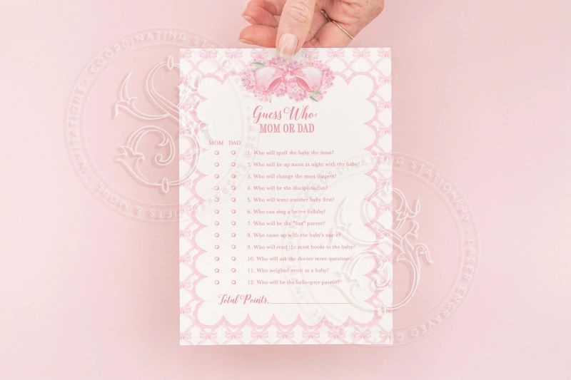 Grandmillenial Guess Who Mom or Dad Baby Shower Game with Pink Hydrangeas Dainty Flowers Whimsical Fancy - Girl Baby Shower