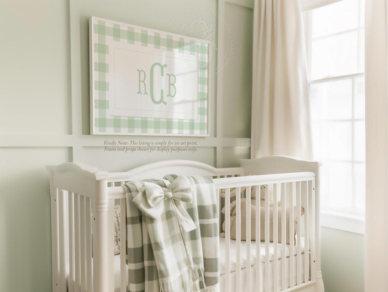 Sage Green Gingham Wall Art Print for Baby Boy Nursery - Printed Monogram Boy Room Decor - Grandmillenial Boys Room - Sage Fishtail Monogram (5x7 inches | Portrait)