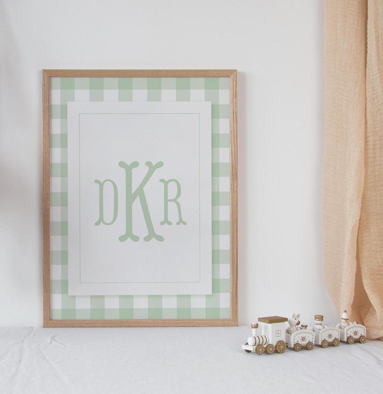 Sage Green Gingham Wall Art Print for Baby Boy Nursery - Printed Monogram Boy Room Decor - Grandmillenial Boys Room - Sage Fishtail Monogram (5x7 inches | Portrait)