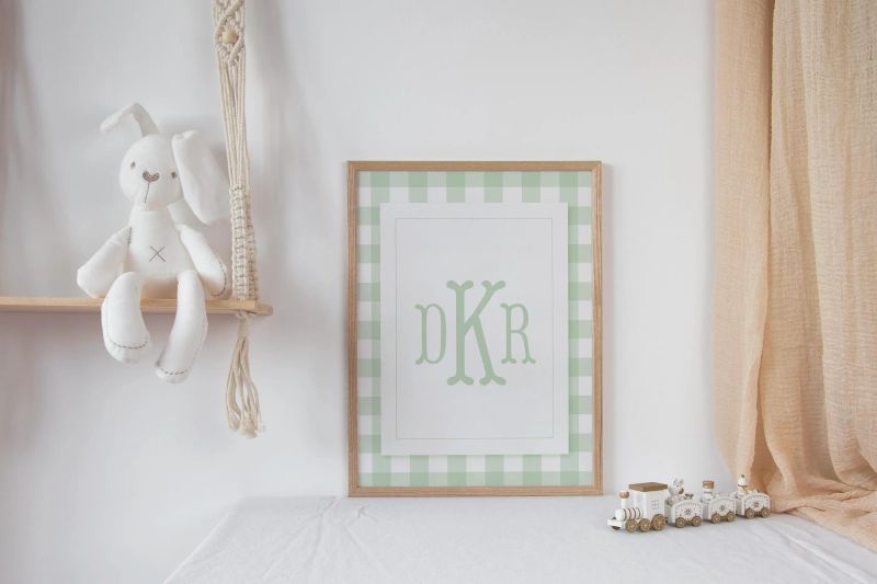 Sage Green Gingham Wall Art Print for Baby Boy Nursery - Printed Monogram Boy Room Decor - Grandmillenial Boys Room - Sage Fishtail Monogram (5x7 inches | Portrait)