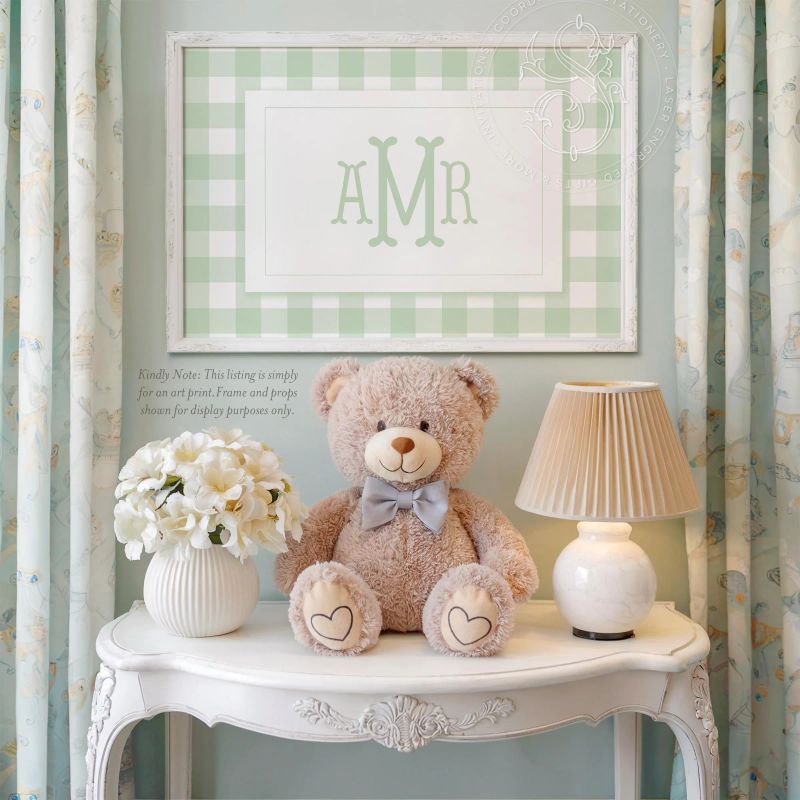 Sage Green Gingham Wall Art Print for Baby Boy Nursery - Printed Monogram Boy Room Decor - Grandmillenial Boys Room - Sage Fishtail Monogram (5x7 inches | Portrait)