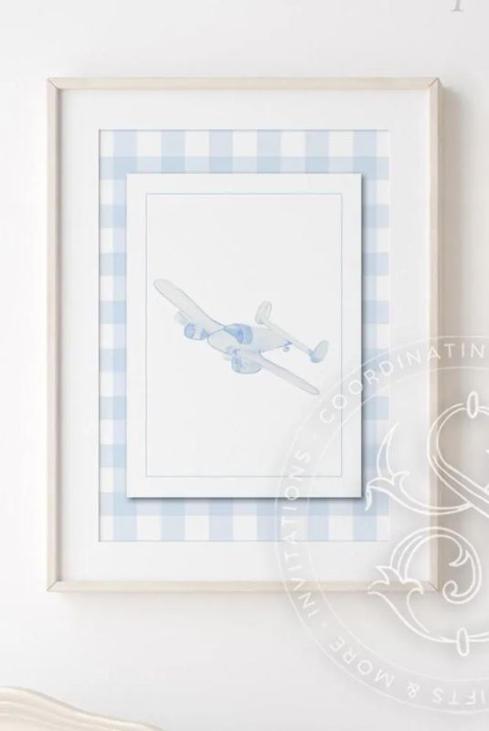 Airplane Aviation Art Prints for Baby Boy Nursery Room - Baby Blue Gingham (11x14 inches | Portrait)