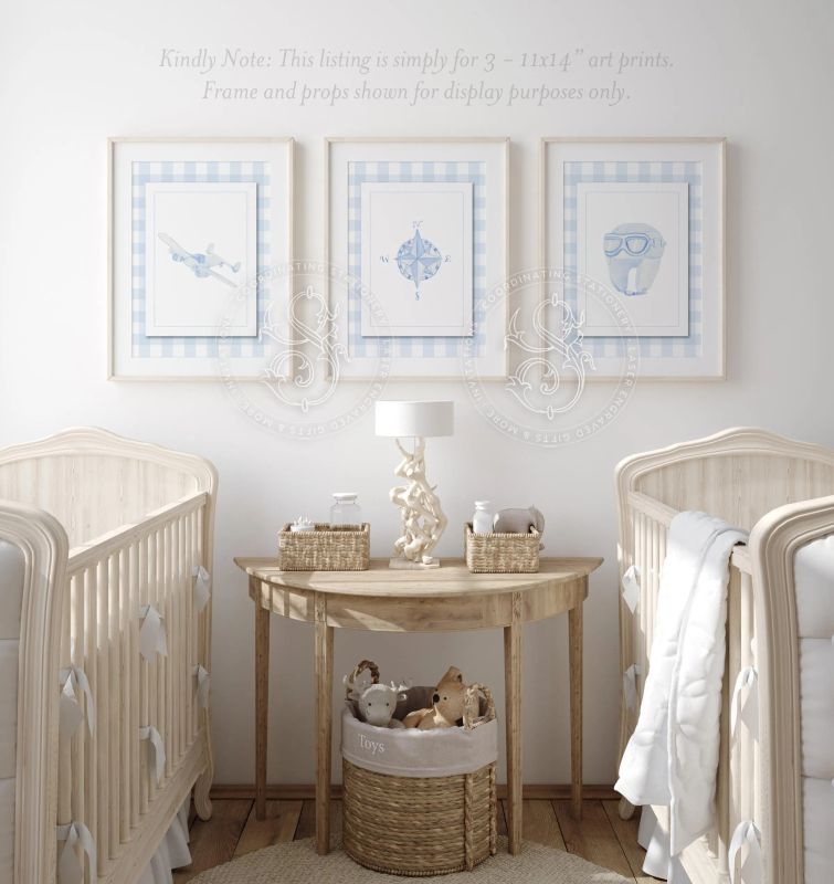 Airplane Aviation Art Prints for Baby Boy Nursery Room - Baby Blue Gingham (11x14 inches | Portrait)
