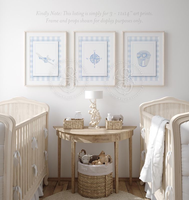 Airplane Aviation Art Prints for Baby Boy Nursery Room - Baby Blue Gingham (11x14 inches | Portrait)