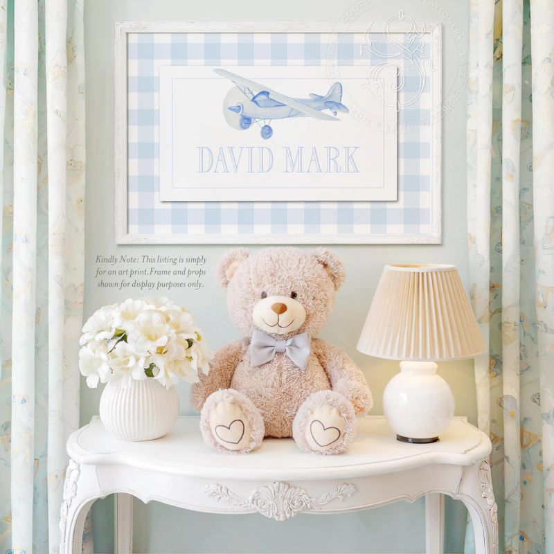 Airplane Art Print for Baby Boy Room, Boy Name Print Baby Boy Nursery Wall Art Aviation Blue Gingham Nursery Decor Boy Room Pilot art (5x7 inches | Portrait)