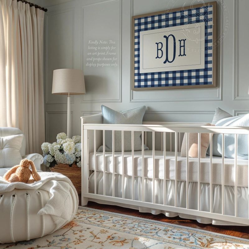 Navy Gingham Wall Art for Nursery - Printed Monogram Boy Room Decor Baby Boy Nursery - Grandmillenial Boys Room Navy Blue Fishtail Monogram (5x7 inches | Portrait)