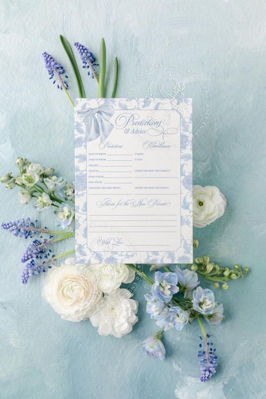 Predictions and Advice Baby Shower Game - Blue Heirloom Bow Toile Chinoiserie - Boy Baby Shower - Blue ChinoiseriePRINTABLE