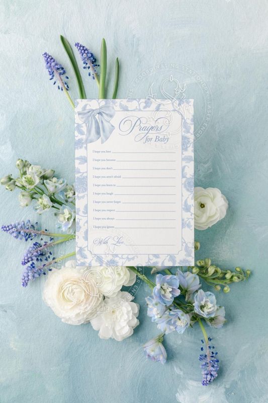Prayers for Baby Game with Blue Heirloom Bow Toile Chinoiserie - PRINTABLE - Boy Baby Shower Game - Baby Boy Sprinkle