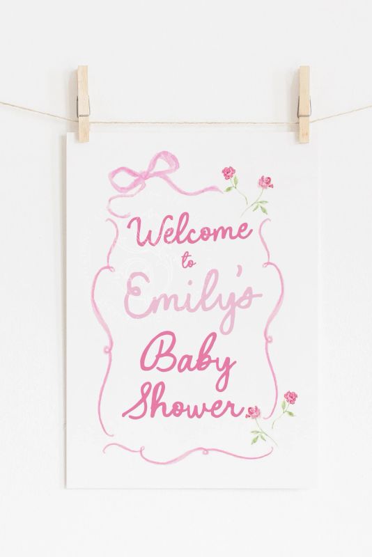 Hand drawn pink bow Girl Baby Shower Welcome Sign - 18x24" or 24x36" welcome poster printed - sip and see - baby girl sprinkle (18x24 inches | Poster)