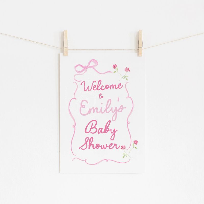 Hand drawn pink bow Girl Baby Shower Welcome Sign - 18x24" or 24x36" welcome poster printed - sip and see - baby girl sprinkle (18x24 inches | Poster)