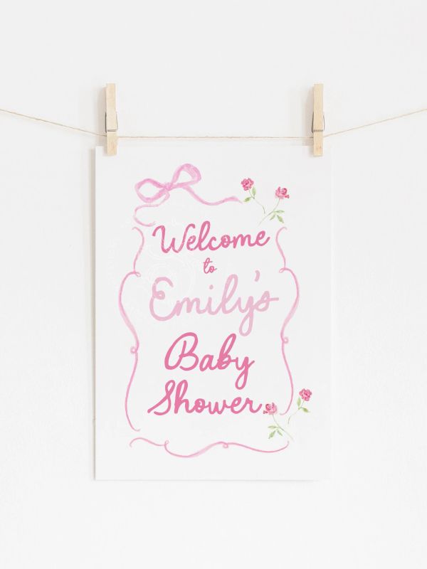 Hand drawn pink bow Girl Baby Shower Welcome Sign - 18x24" or 24x36" welcome poster printed - sip and see - baby girl sprinkle (18x24 inches | Poster)