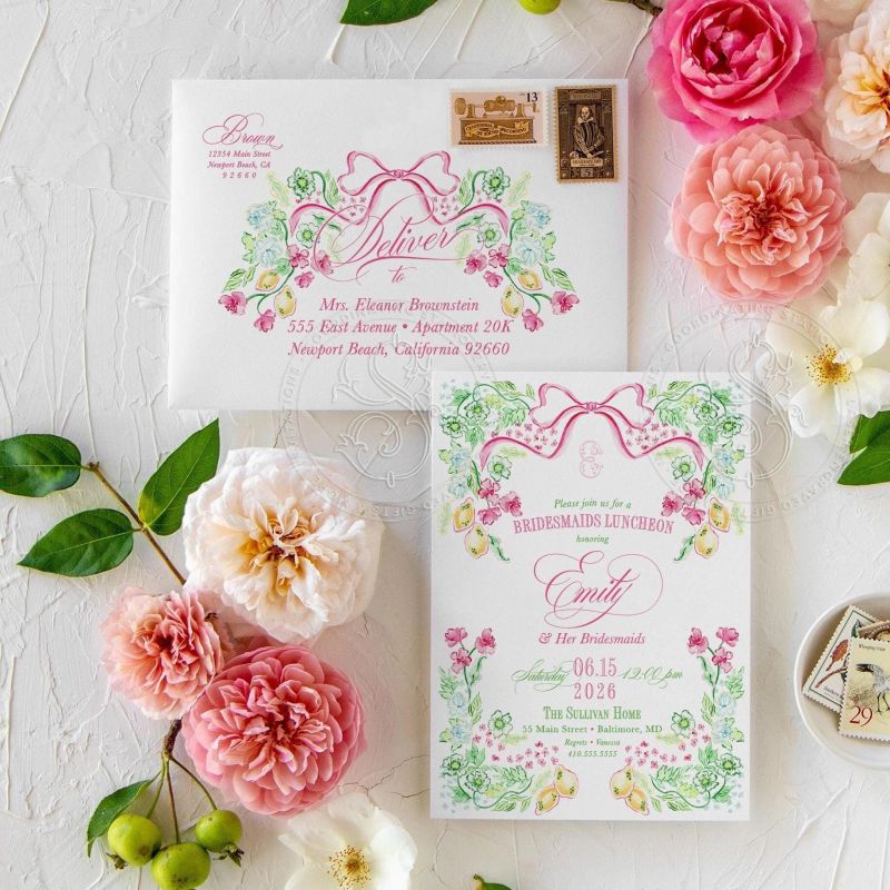Preppy Bridesmaids Luncheon Invitations, Preppy Love Fancy Bow Bridal Brunch, Birthday Invite Woman, Brunch with Bride Tea Party (10 printed invitations | Plain White Envelopes)